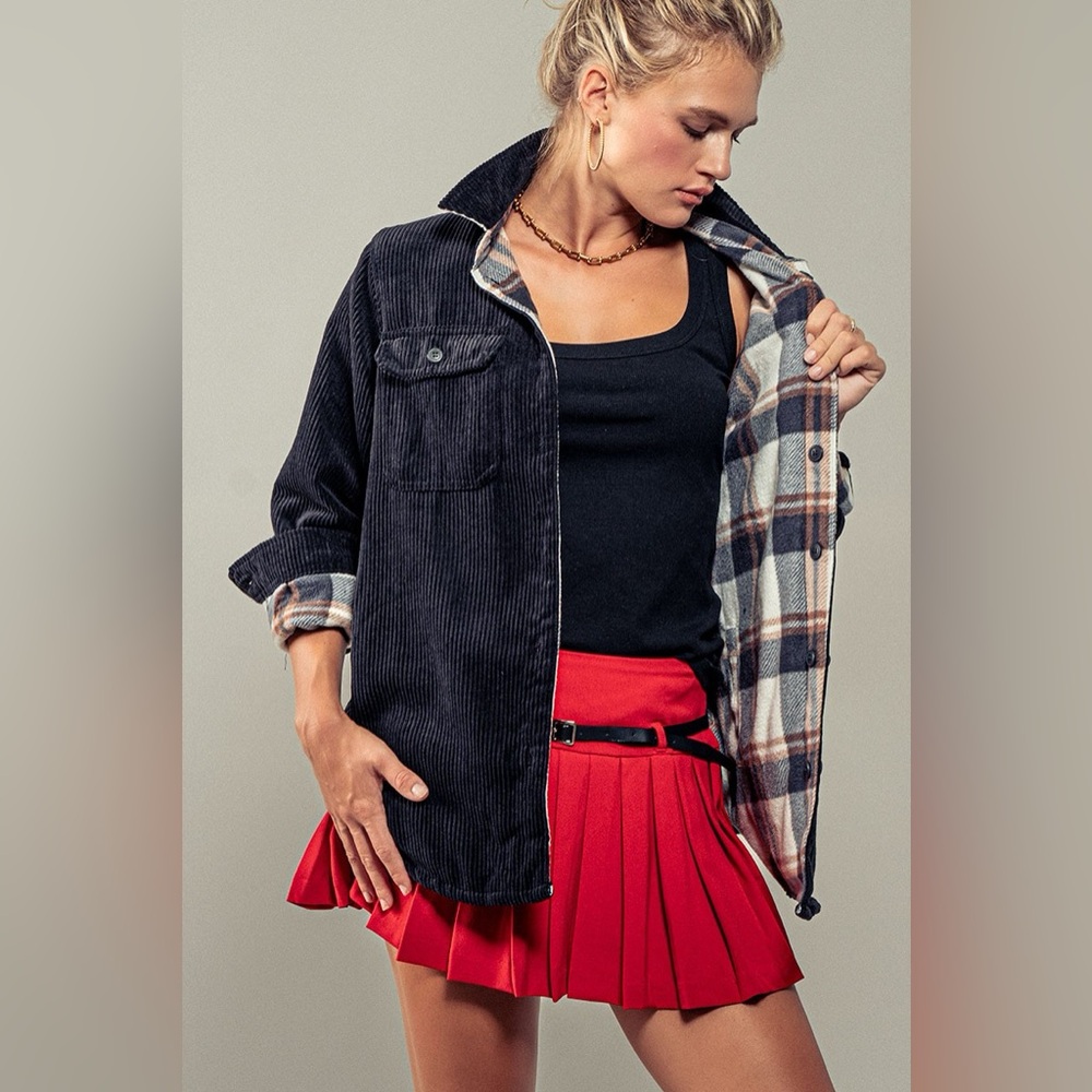 Corduroy & Fleece Plaid Reversible Shackets